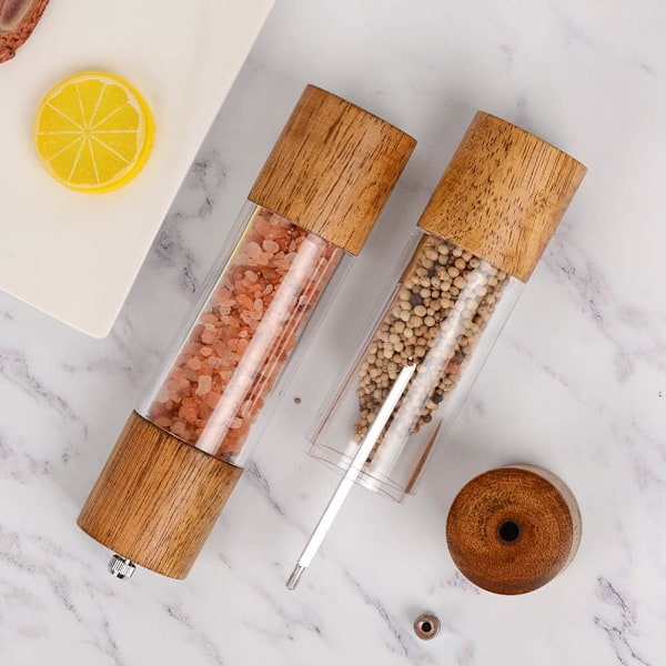 Premium Akryl Salt og Pepperkvern Sett, Manuelle Salt- og Pepperkverner, Tre Shakere med Justerbar Keramisk Kjerne