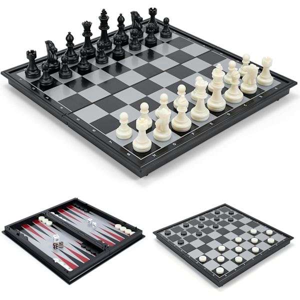 Sjakksett Backgammon og Dam 3 i 1, Bærbart og Sammenleggbart Sjakkbrettsett, Magnetisk Sjakk, Reisesjakkbrett Brikker