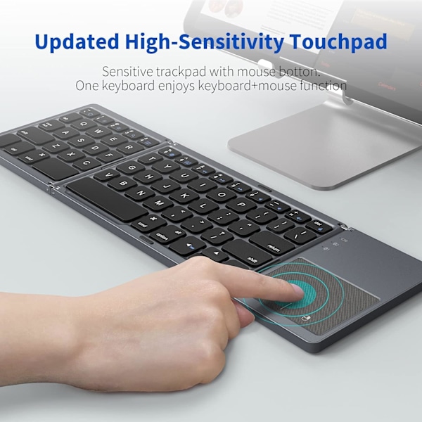 Sammenleggbart Bluetooth-tastatur, bærbar mini trådløst BT-tastatur i lommeformat med berøringsplate for Android, Windows, PC, nettbrett