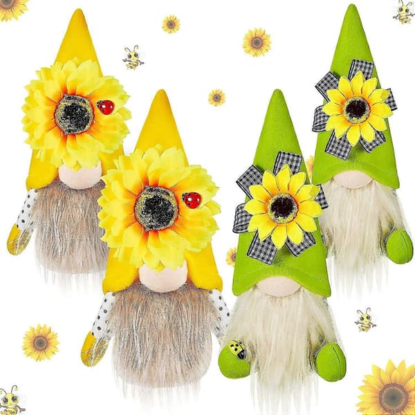 Set med 4 Solros Tomte Plysch Tomte Älv Dvärg Heminredning Vårhattar