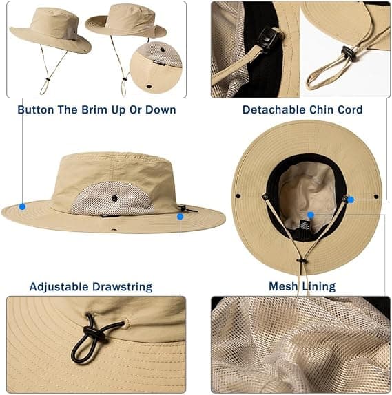 Oversized Golfbøtte Solhatter for Menn Stort Hode Bred Skygge Fiske Khaki