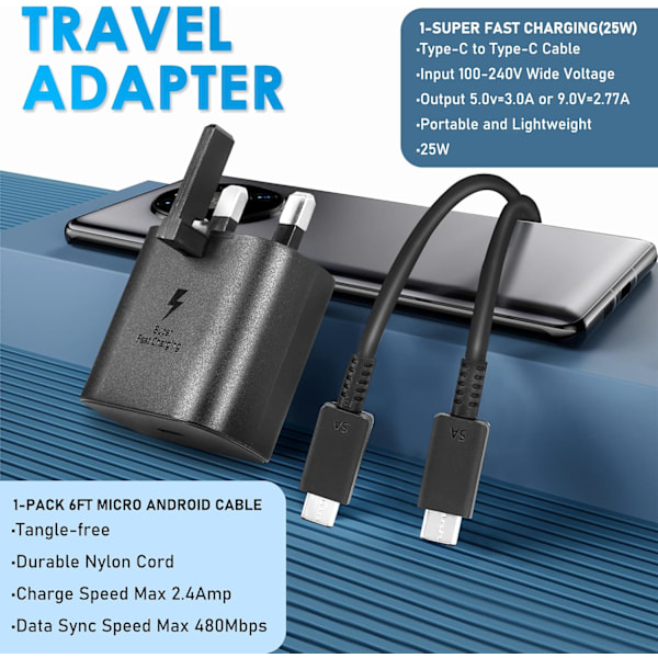 25W Hurtiglader med USB C-kabel - Kompatibel med/ Galaxy-smarttelefoner og andre USB Type C-enheter