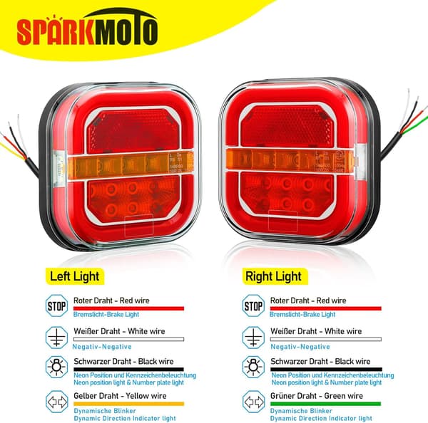 To LED-trailerbaglygter: nummerplade, bremselys, refleks, 12V/24V, ECE/EMC-certificeret.