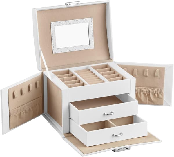 3-vånings smyckeskrin, tillbehörslåda, julklapp, med handtag, molnvit yta, sandbeige foder