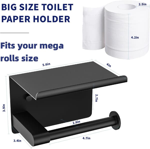 Passer til Mega Rolls Størrelse Mat Sort Toiletpapirholder med Hylde, Rustfri Rustfrit Stål Selvklæbende Toiletpapirholder