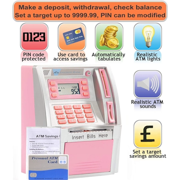 Pounds Version Elektronisk ATM Opsparingsbank Digital Pengeboks Maskine, Elektronisk Pengekasse, Stemmeprompt, Møntgenkendelse Silver pink