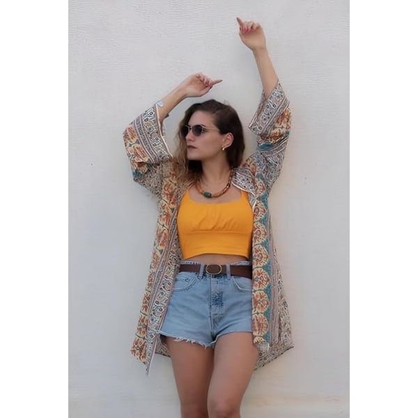 Kimono Cardigan för Dam Bohemisk Blommig Tryck Strandöverdrag 3/4 Ärm Chiffong Bikini Sarong Sjal Toppar Style 2 M