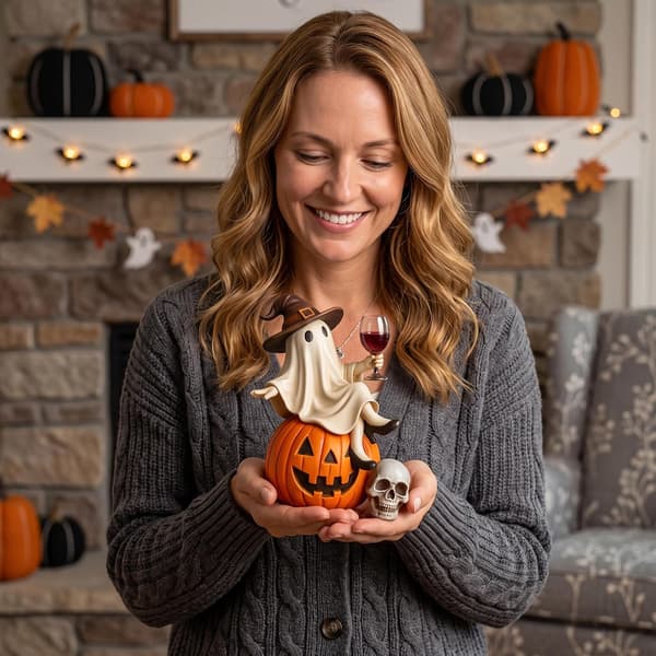 Sjov Halloween Dekorationsfigur, Heksespøgelse siddende på græskar, Efterårsornament til Halloweenfest