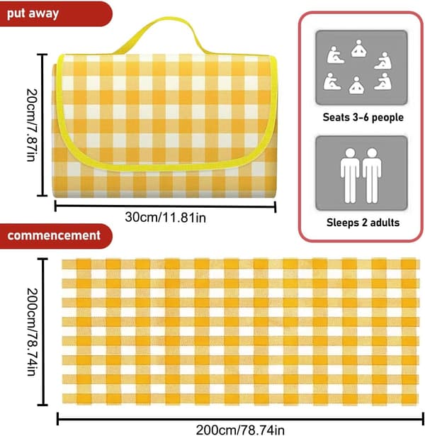 200x200 cm picnictæppe, foldbart med håndtag, ideelt til haven, grillfester og stranden. Gul.