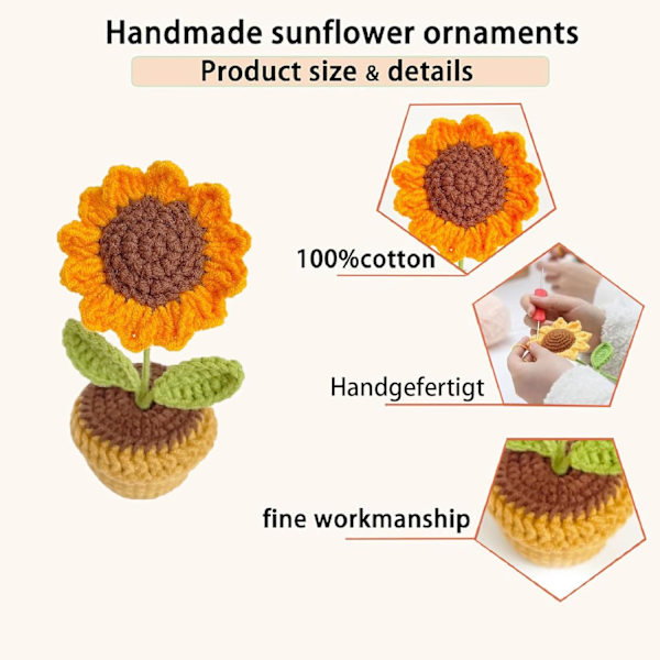 Hæklet Solsikke i Potte, Små Kunstige Blomster i Potte, Håndstrikkede Blomster i Potte, Til Hjemmekontor Skrivebord Bilpynt