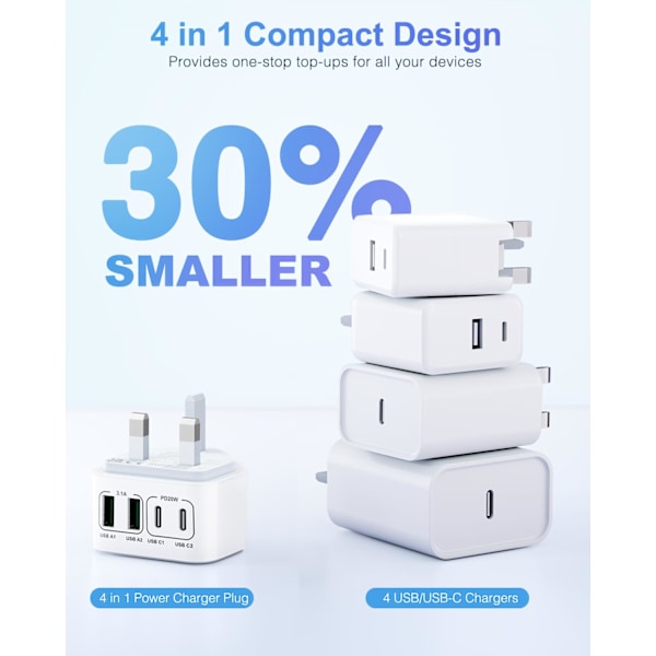40W USB C Plugg Hurtiglading, UK 4-Port Multi USB Lader Plugg Hurtigladeplugg