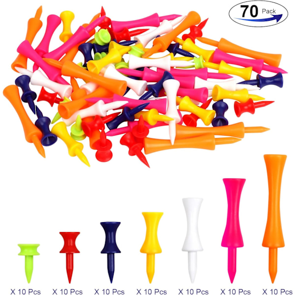 Golf Tees Plast, 70 st Blandade Storlekar, Hållbara Vinter Små Slott Tees i Flera Färger (25mm, 32mm, 39mm, 45mm, 51mm, 59mm, 70mm)
