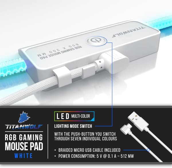 RGB Gaming Musematte - 800x300 mmx4mm Oversize - LED Multi farge - 14 lysmoduser - vaskbar - Hvit