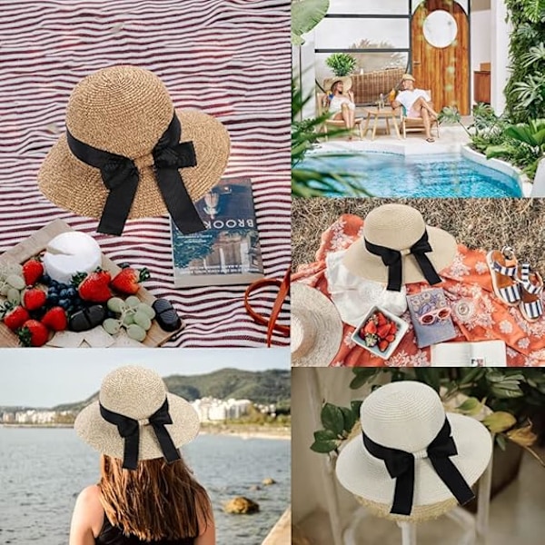 Solhatt för damer, diskett, hopfällbar, med rosett, stråhatt, sommarstrandhatt, UV-skydd UPF50 Beige