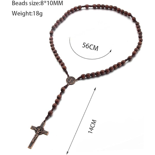 Katolsk Korsrosenkranss Halsband, Naturträ Bönerpärlor med Kors Jesus Kristus Sankt Benedictus Medalj, för Kristna