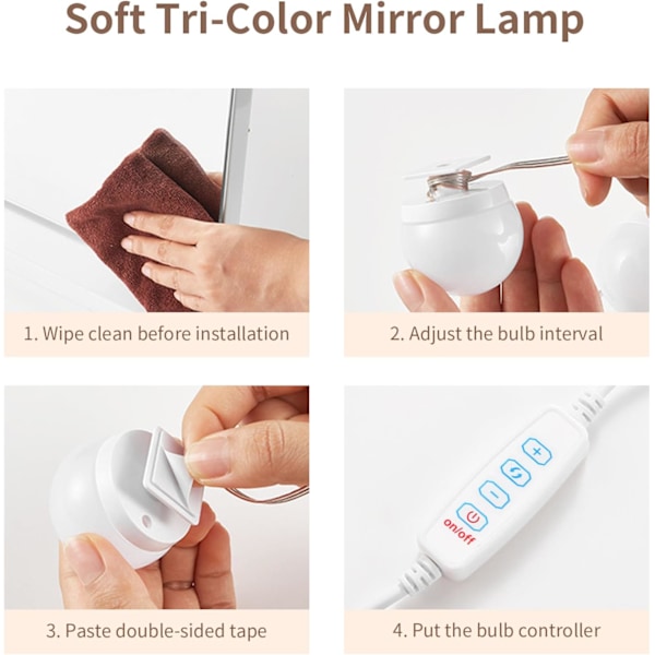 Sminkspegelbelysningsset, 10 Glödlampor Hollywood-Stil LED-Sminkslampor med USB-Kabel, 3 Färgväxlande, Sminkslampa
