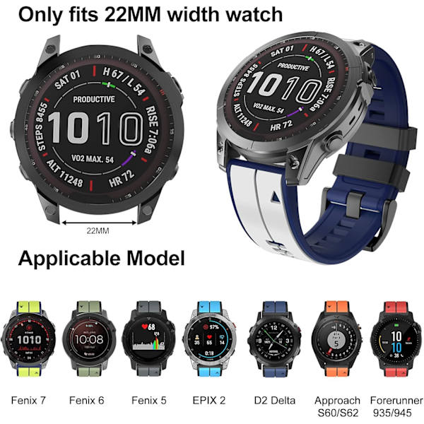 Rem för Garmin Fenix 7/Fenix 6/Fenix 5/EPIX 2, Quick Fit 22mm Silikonklockarmband för Approach S60/S62, D2 Delta, Forerunner 935/945