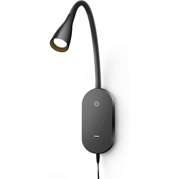 Vægmonteret Læselampe, Boglampe til Læsning i Sengen, Berøringsstyret USB-Udgang Moderne Læselampe, 5 Dæmpbare LED Fleksibel Svanehals 4000k, Sort