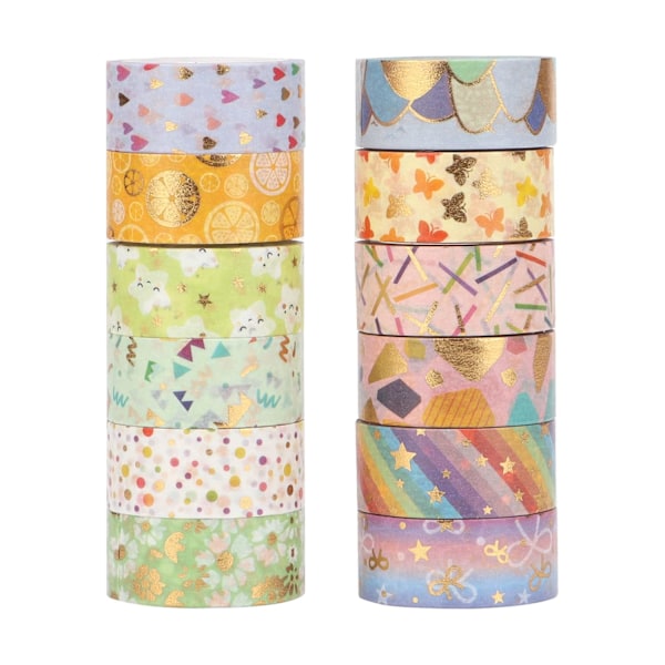 12 Rullar Blommiga Washi Tejp Set, 15 mm Bred, Färgglada Stjärna Hjärta Regnbåge Blomma Fjäril Båge Punkt Mönster, Maskeringstejp Dekor (3m)