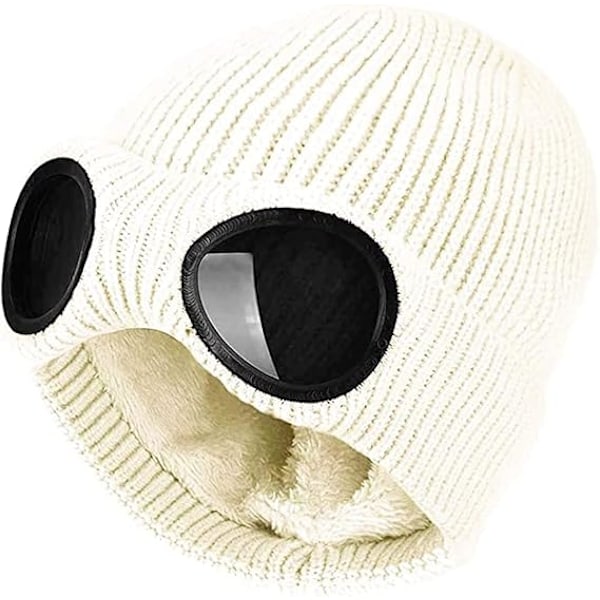 Unisex Goggle Beanie Stickad Vinter Chunky Beanie Hatt White