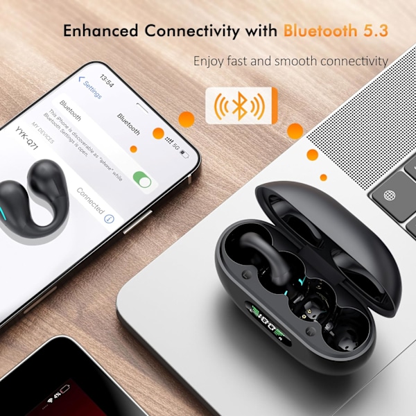 Benledande hörlurar trådlösa öronsnäckor - Bluetooth 5.3, inbyggd mikrofon HIFI-ljud med LED-display laddningsfodral, vit