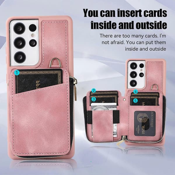 Etui til Samsung Galaxy S23 Ultra, Lynlås Læder Etui, Pink
