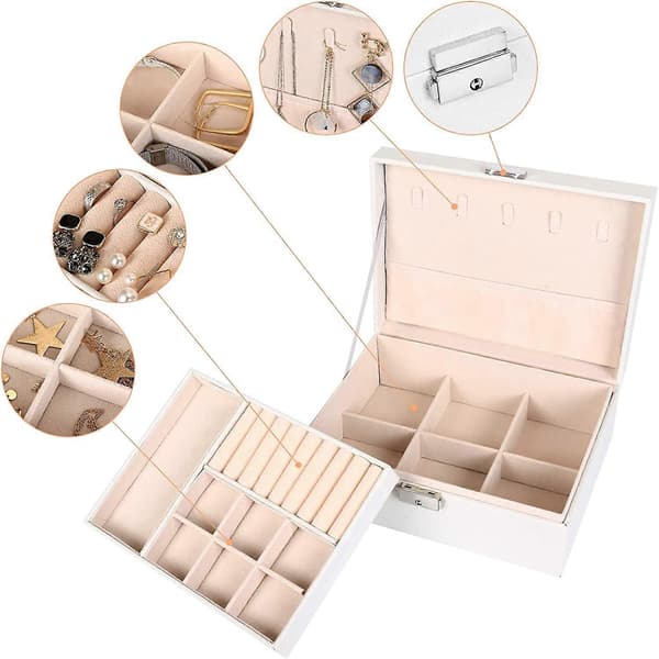 Smyckeskrin Organizer, 2-Lagers Låsbart Smyckeskrin PU Läder Display Smyckeshållare, Vit