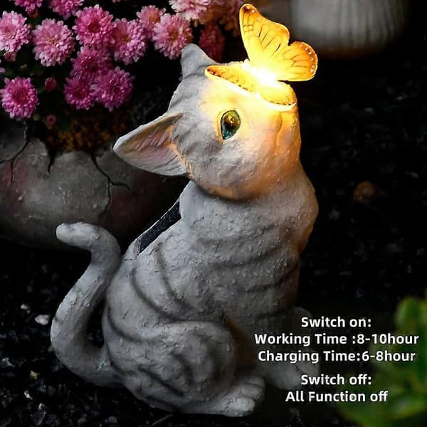 Katt hagefigurer, utendørs solcelle statue med LED-lys for uteplass