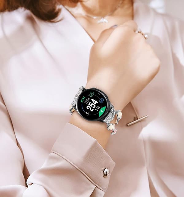 Perlebesat modebånd kompatibelt med Samsung Galaxy Watch Active 2/Galaxy Watch, elastisk perlebesat natlysende perlebåndsrem til piger, sølv