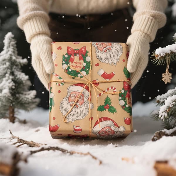 3 m rulle julklappspapper, 43 cm återvinningsbart kraftpapper med tryck av jultomten