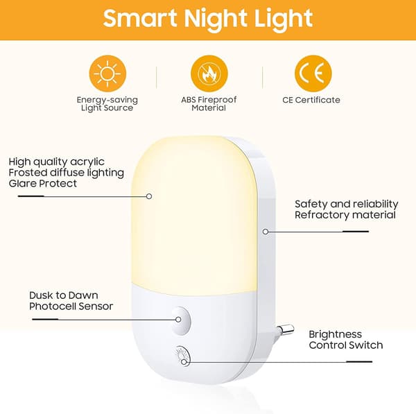 Vägglampa med skymningssensor för hall, trappor, sovrum, kök, 0,3W, 2-pack