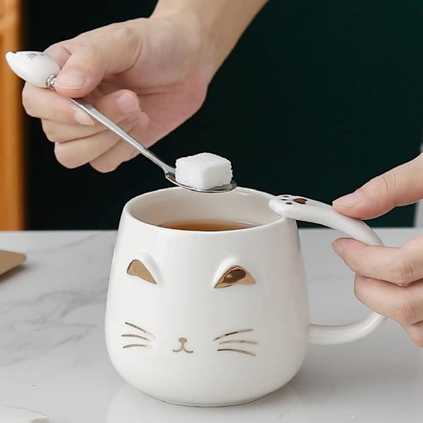 - Kawaii Kattkopp 450ml - Kattkopp med Lock & Sked - Vit & Guld Keramiska Färger - Te Kaffe Infusionskopp
