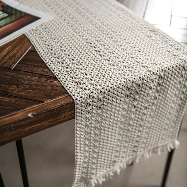 Boho Beige Macrame Bordlöpare med fransar, Bohemisk vävd bomullsvirkad spets, Rustik Heminredning (Beige, 30x180cm)