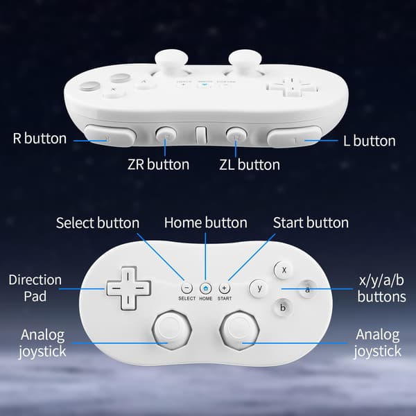 Klassisk kablet spilcontroller til Nintendo Wii, hvid, anden generation klassisk Wii, hornformet kablet design.