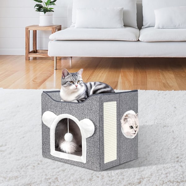 Kattesenge, stor kattehule til kæledyrshus med fluffy bold og kradsebræt, huse og lejligheder, kuber, gemmested