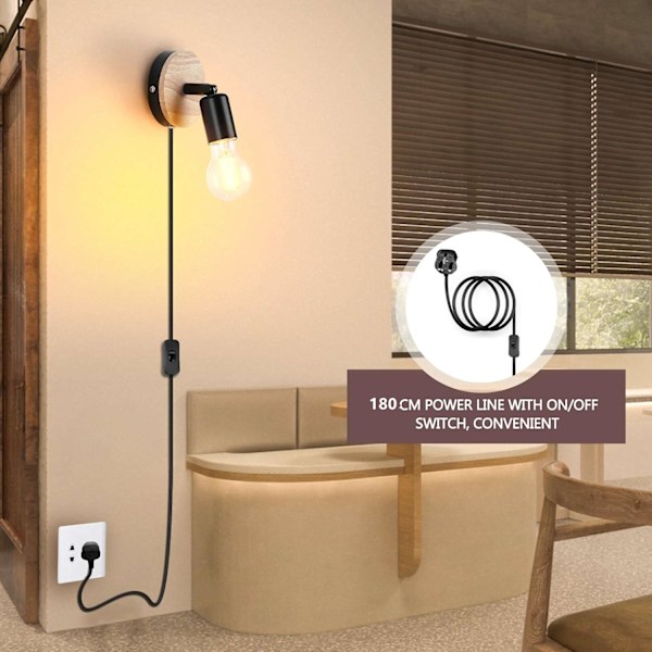 Industriella vägglampor med strömbrytare Plug in vägglampor inomhus Trä vägglampa 360° roterbar Rustik vägglampa E27 - Svart (Ingen glödlampa ingår)