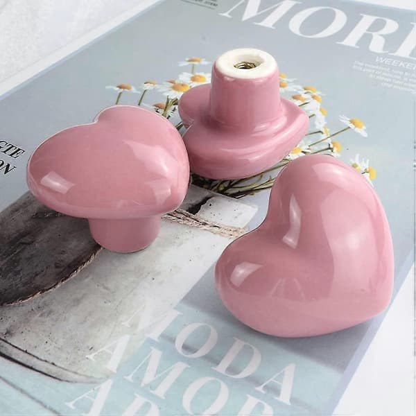 Set med 8 Rosa Hjärta Barnrum Keramiska Köksskåpsknoppar