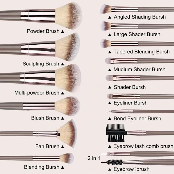 Sæt med 15 makeupbørster, til foundation, blending, pudder, blush, concealer og mere