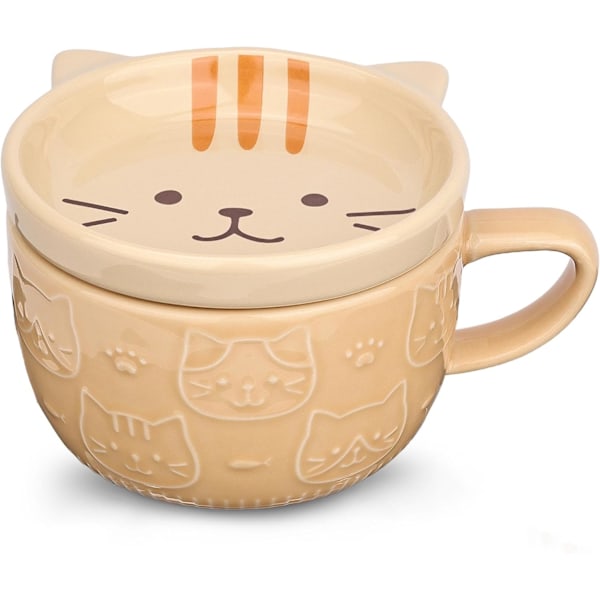 Söt Keramik Katt Kaffe Mugg med Lock, Kawaii Kaffe Muggar eller Tekoppar för Kattälskare, Roliga Nyhet Katt Frukost Muggar, 300ML
