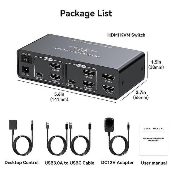 HDMI KVM-bryter 2 skjermer 2 datamaskiner 4K@60hz