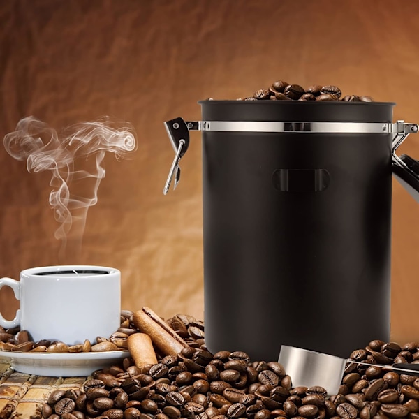 1500ML Kaffeboks for malt kaffe, Kaffebønnebeholdere, Lufttett kaffeoppbevaringsboks med skje, Svart