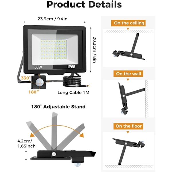 50W Utendørs LED Flomlys med Sensor, 5000LM IP65 Vanntett Utendørs LED Spotlight, 6500K Kaldt Hvitt Utendørsbelysning