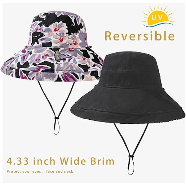 Solhatter for kvinner, bred skygge, vendbar bøttehatt i bomull, sammenleggbar sommerreisehatt med hattklips, UV-beskyttelse blå