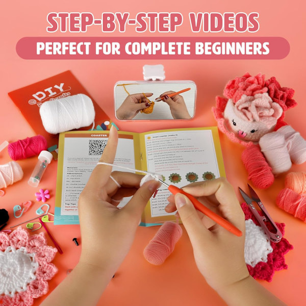 Hæklesæt til Begyndere Voksne, 6 stk. Håndlavede Brikker med 1 Plantepotte Hæklesæt, med Hæklenåle med Video Tutorials