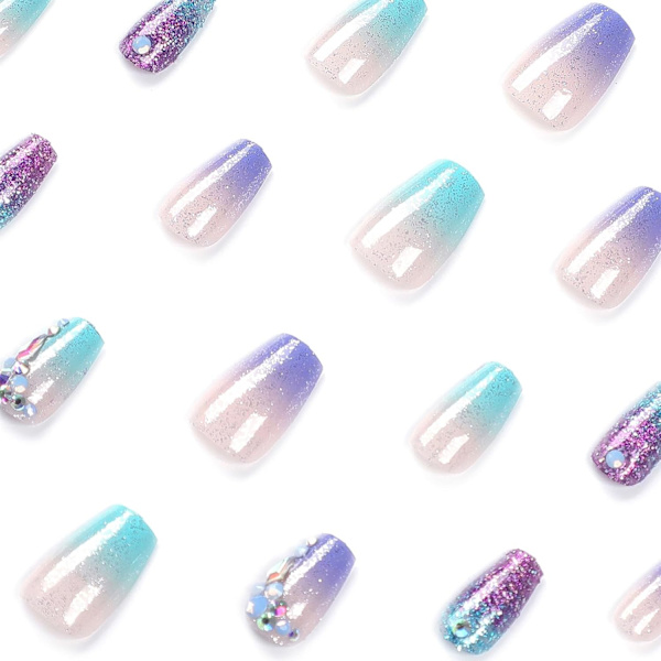 24 kpl Arkkumainen Vääri Kynnet Keski-Violetti Vihreä Glitter Liimaa Kynnet Akryyli Täyspeite Vääri Kynnet Strassilla Teko