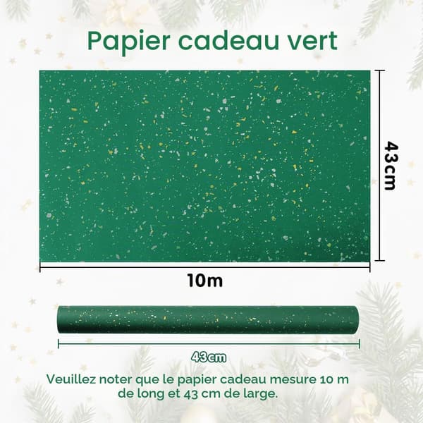 Grønt gavepapir, 43 cm x 10 m, ideelt til lejligheder som jul, fødselsdage og bryllupper.