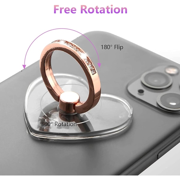 Transparent Mobiltelefon Ringholder, 2 stk. Telefonstativ, 360 Graders Rotation Hjerte med Diamant Mobiltelefon Ring Support Holder
