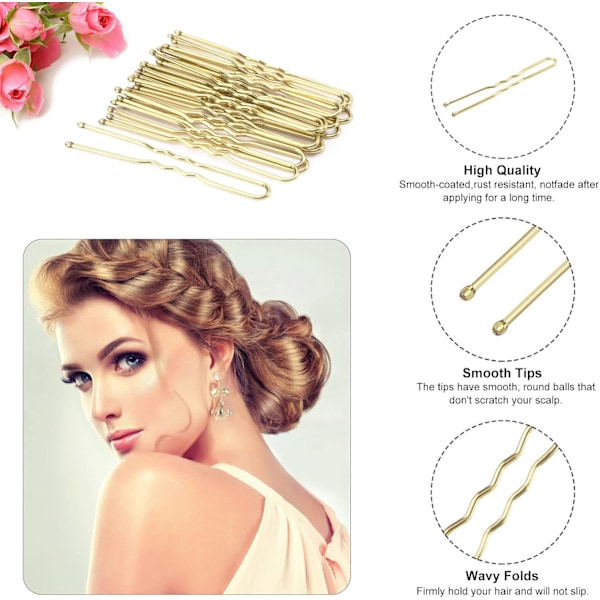 U-formade hårnålar, 200 stycken vågiga U-formade hårnålar för uppsättningar för kvinnor, damer och flickor, hårnålar (Blond, 6 cm) Gold