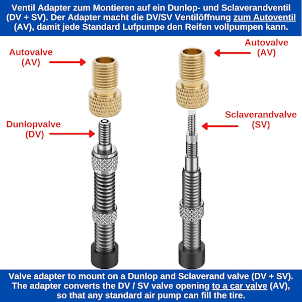 Sykkelventiladapter, 3 stk, DV/SV til AV, adaptere for Dunlop & Presta-ventiler, for å pumpe dekk på biler og sykler