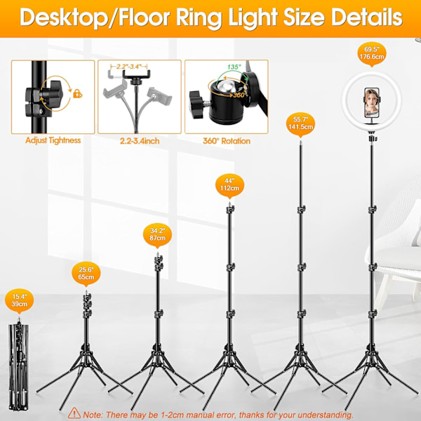 11.5'' Ring Light med Stort Stativ, Profesjonell Ring Light med 40 RGB Moduser og 13 Nivåer for Youtube/Sminke
